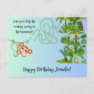 Aap en bananen doolhof verjaardags briefkaart