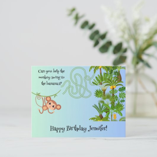 Aap en bananen doolhof verjaardags briefkaart (Staand voorkant)