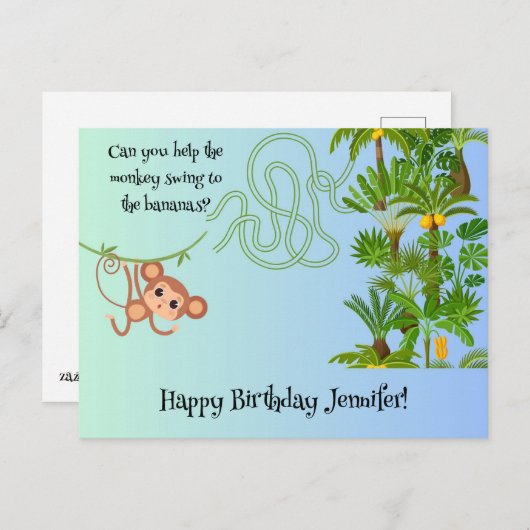 Aap en bananen doolhof verjaardags briefkaart (Voorkant / Achterkant)