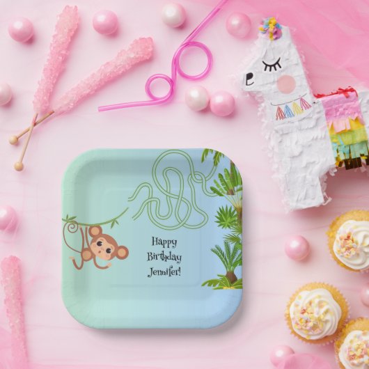 Aap en bananen doolhof verjaardagspapier borden papieren bordje (Feest)