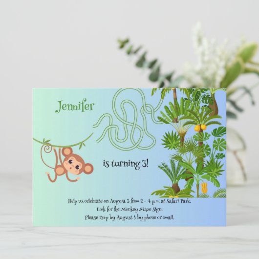 Aap en bananen doolhof verjaardagsuitnodigingen kaart (Staand voorkant)