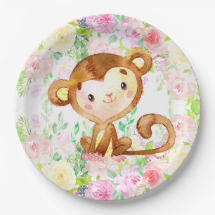 Aap en bloemen meisje baby shower papieren borden. bordje