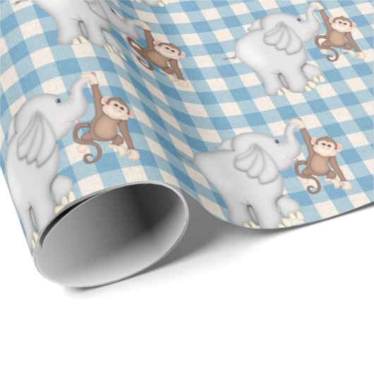 aap en olifant op gingham cadeaupapier (Rol Hoek)