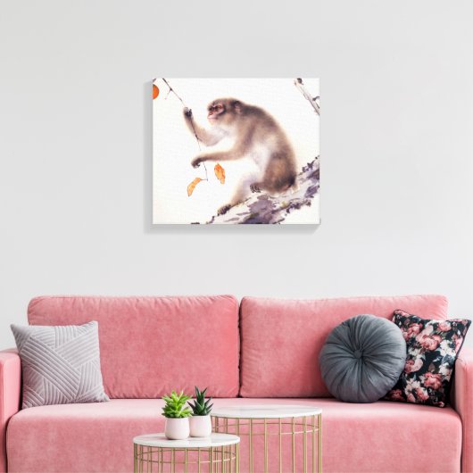 aap in een Persimmon-boom Canvas Afdruk (Insitu (Woonkamer))