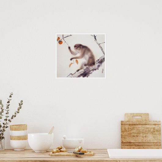 aap in een Persimmon-boom Poster (Keuken)