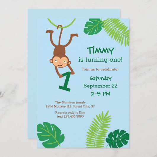 Aap in het Oerwoud eerste verjaardag uitnodiging (Voorkant / Achterkant)