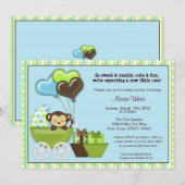 Aap karretje baby shower uitnodiging BLAUW GROEN (Voorkant / Achterkant)