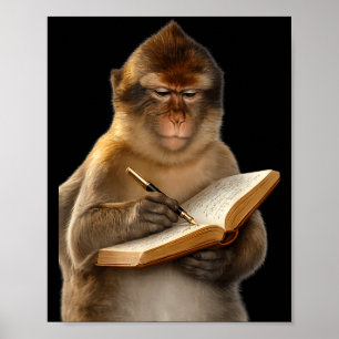 Aap leest boek schrijft journaal boek liefhebber poster