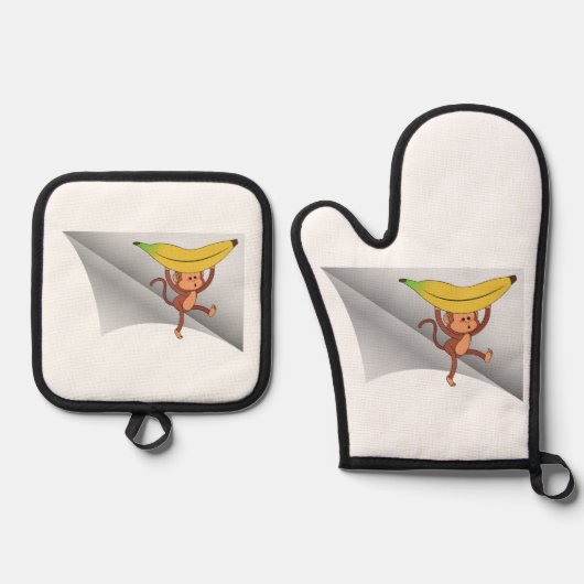 Aap met banaan onder de patch ovenwant & pannenlap set (Voorkant)