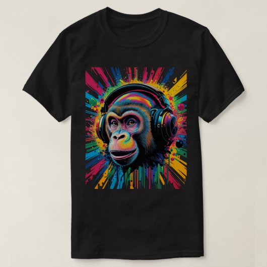 Aap met koptelefoon spetterende verf levendig t-shirt (Design voorkant)