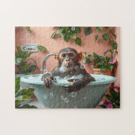 Aap neemt een bad legpuzzel (Horizontaal)