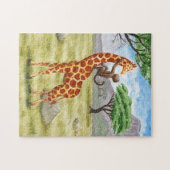 Aap op de rug van een giraffe safari landschap legpuzzel (Horizontaal)