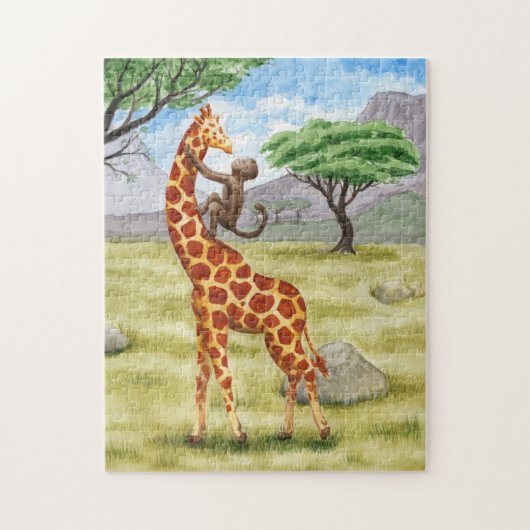 Aap op de rug van een giraffe safari landschap legpuzzel (Verticaal)