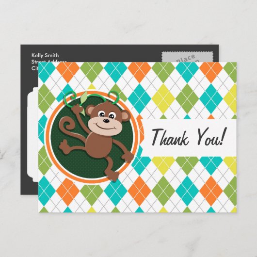 Aap op kleurrijke argyle patroon briefkaart (Voorkant / Achterkant)