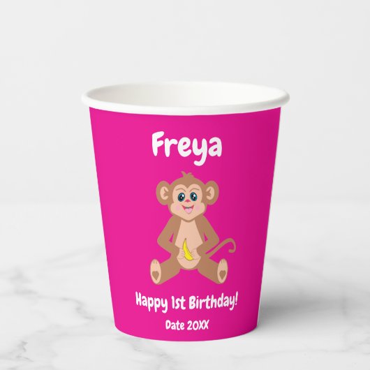 Aap op roze papieren bekers (Achterkant)