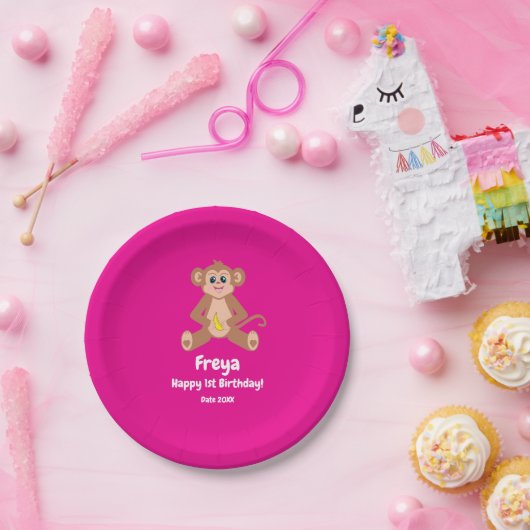 Aap op roze papieren bordje (Feest)
