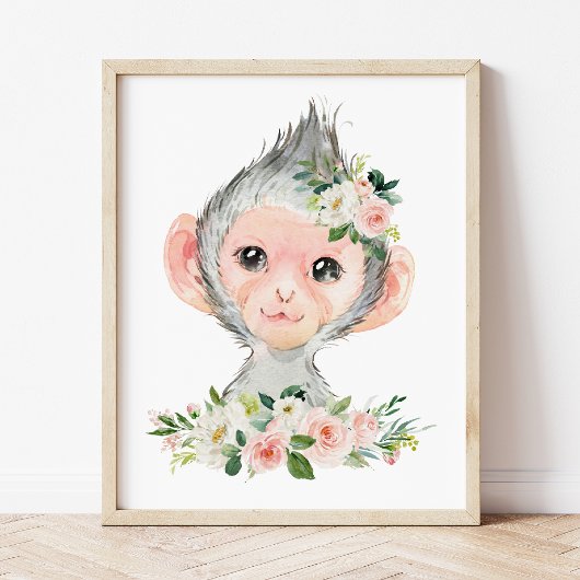 Aap, Safari, Jungle, Roze Bloemen, Meisjeskamer Poster