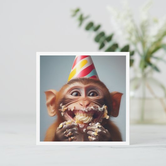 Aap smash taart verjaardag, aap uitnodiging (Staand voorkant)