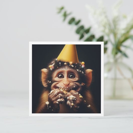 Aap smash taart verjaardag, aap uitnodiging (Staand voorkant)