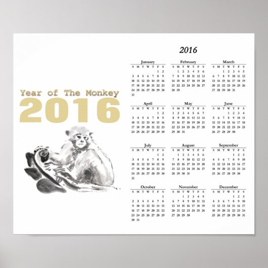 Aap Waterverf Aap Jaar Kalender Poster 2016 (Voorkant)