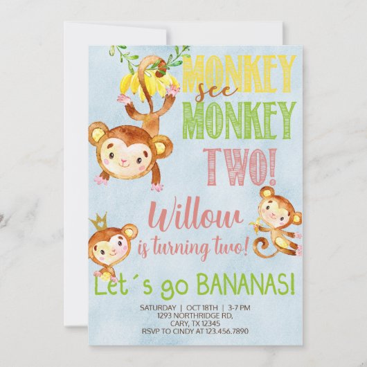 Aap ziet aap twee meisje verjaardagsuitnodiging. kaart (Voorkant)