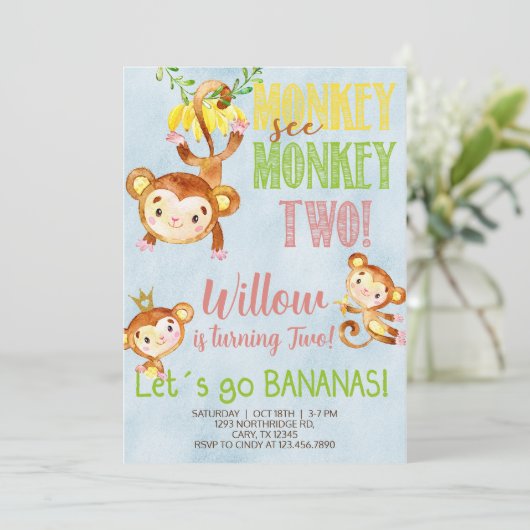 Aap ziet aap twee meisje verjaardagsuitnodiging. kaart (Staand voorkant)