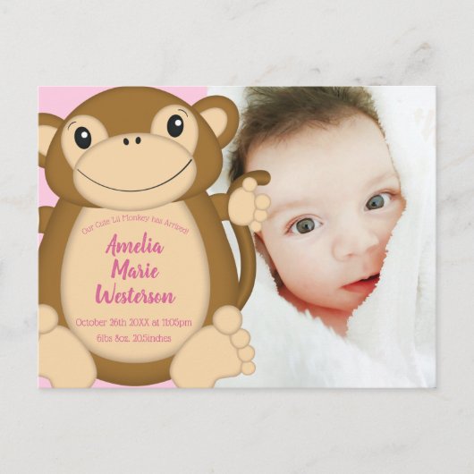 Aapje Baby Shower Roze Briefkaart (Voorkant)