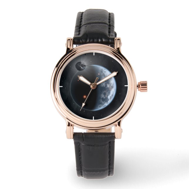 Aardachtige planeet met oceanen die zijn oppervlak horloge (Voorkant)