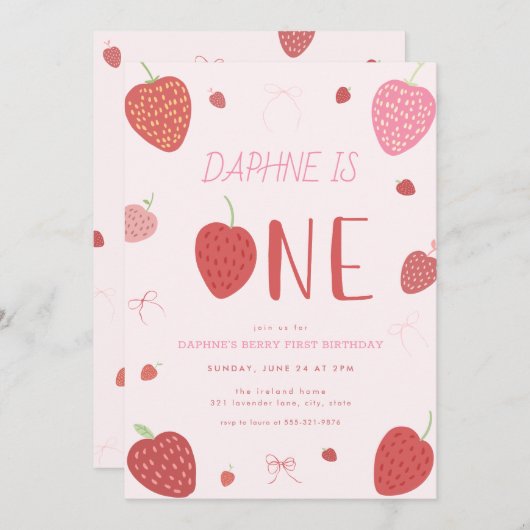 Aardbei 1e Berry Eerste Verjaardag Uitnodiging (Voorkant / Achterkant)