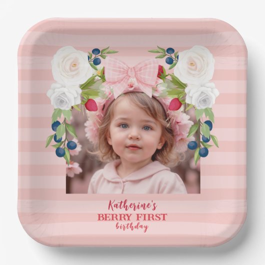 Aardbei 1e Berry Sweet Verjaardag Welkomstbord Papieren Bordje (Voorkant)