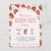 Aardbei 1e foto Berry Eerste Verjaardag Uitnodiging Briefkaart (Voorkant)