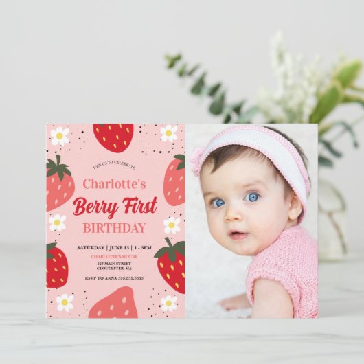 Aardbei 1e Verjaardag Berry Eerste Foto Verjaardag Kaart (Staand voorkant)