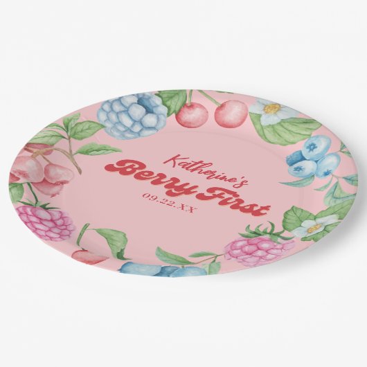 Aardbei 1e verjaardag Berry eerste meisje verjaard Papieren Bordje (Gekanteld)