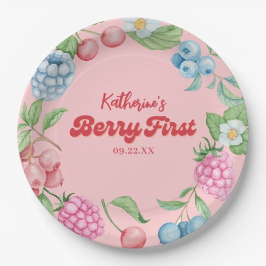 Aardbei 1e verjaardag Berry eerste meisje verjaard Papieren Bordje (Voorkant)