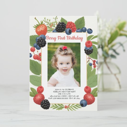 Aardbei 1e verjaardag Berry Eerste verjaardag Foto Kaart (Staand voorkant)