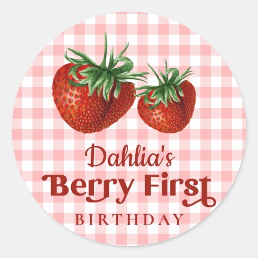 Aardbei 1e verjaardag Berry Eerste Verjaardag Ronde Sticker (Voorkant)