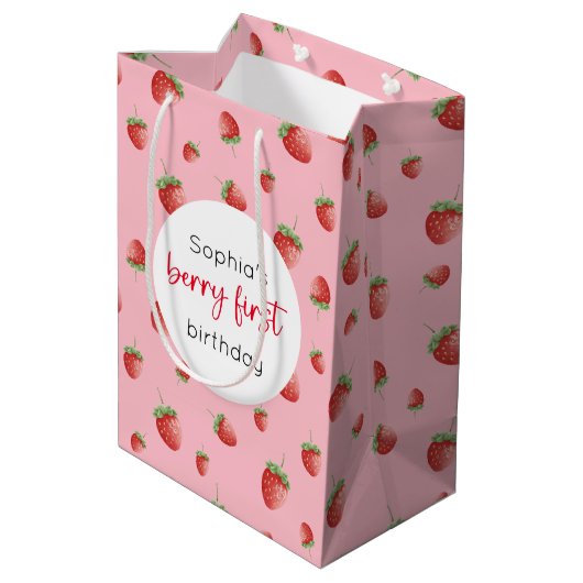 Aardbei 1e verjaardag Berry First Medium Cadeauzakje (Achterkant Gekanteld)