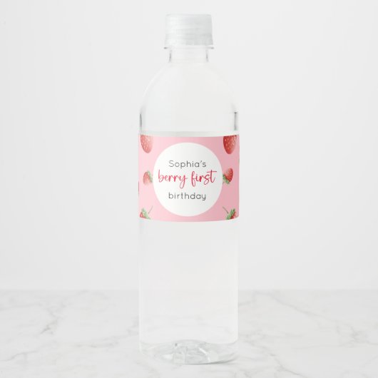 Aardbei 1e verjaardag Berry First Waterfles Etiket (Voorkant)