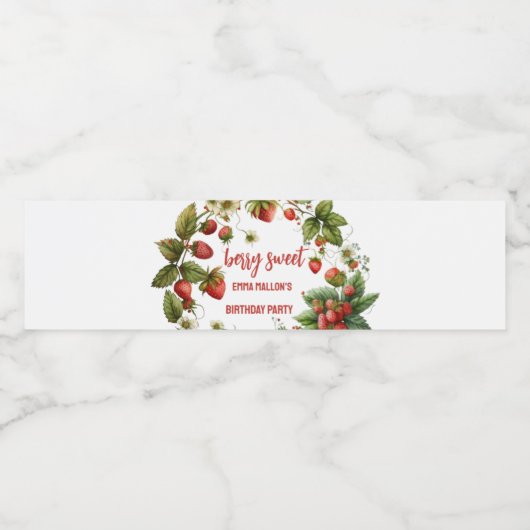 Aardbei 1e verjaardag Berry First Waterfles Etiket (Enkel label)