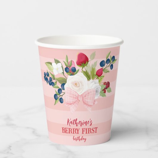 Aardbei 1e verjaardag Berry Sweet Pink Papieren Bekers (Achterkant)