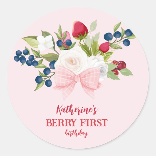 Aardbei 1e verjaardag Berry Sweet Pink Ronde Sticker (Voorkant)