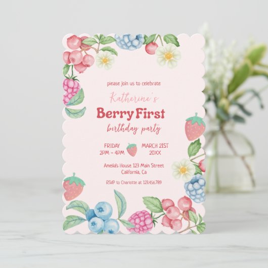 Aardbei 1e verjaardag Berry Sweet Pink Verjaardag Kaart (Staand voorkant)