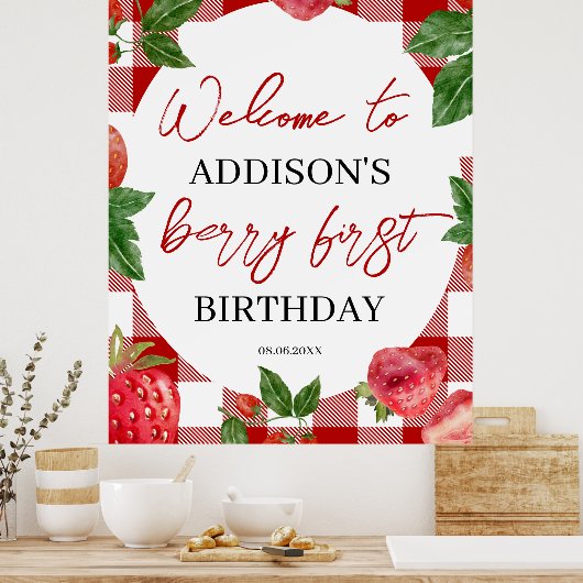 Aardbei 1e verjaardag Berry Sweet Poster (Keuken)