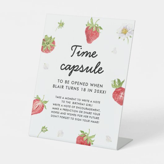 Aardbei 1e verjaardag Capsule Reclamebord Met Voetstuk (Voorkant)