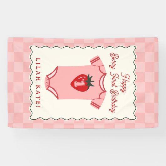 Aardbei 1e verjaardag Checker Bodysuit Spandoek (Horizontaal)
