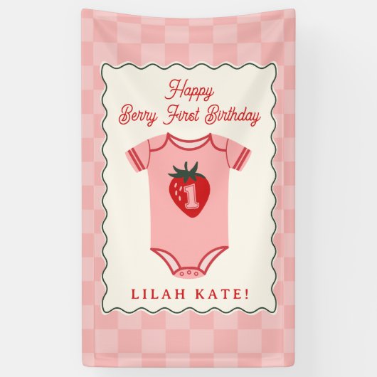 Aardbei 1e verjaardag Checker Bodysuit Spandoek (Verticaal)