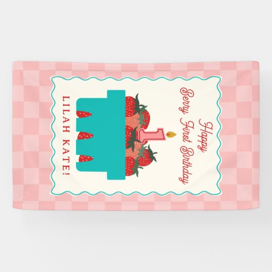Aardbei 1e verjaardag Checker mand Spandoek (Horizontaal)