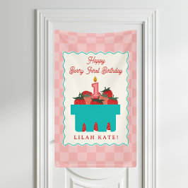 Aardbei 1e verjaardag Checker mand Spandoek