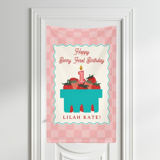 Aardbei 1e verjaardag Checker mand Spandoek