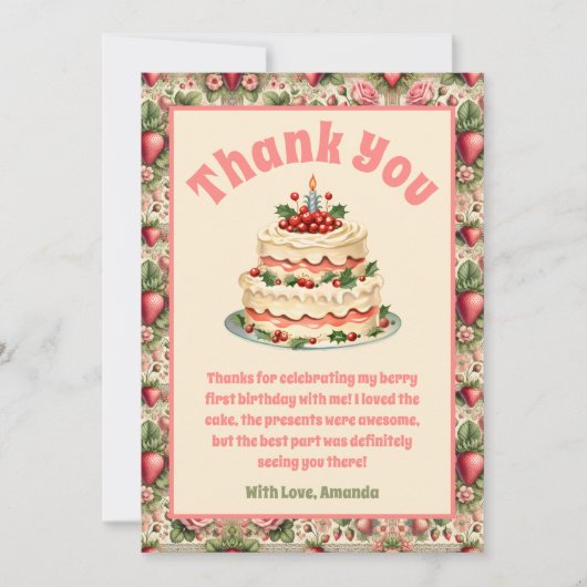 Aardbei 1e Verjaardag Dank u Kaart (Voorkant)